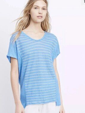 Vince Striped 100% Linen Short Sleeve Tee Shirt Women's Sz XS Danube Blue